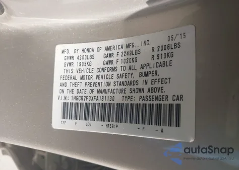 2015 Honda Accord Lx from USA, damaged, VIN 1HGCR2F3XFA181130